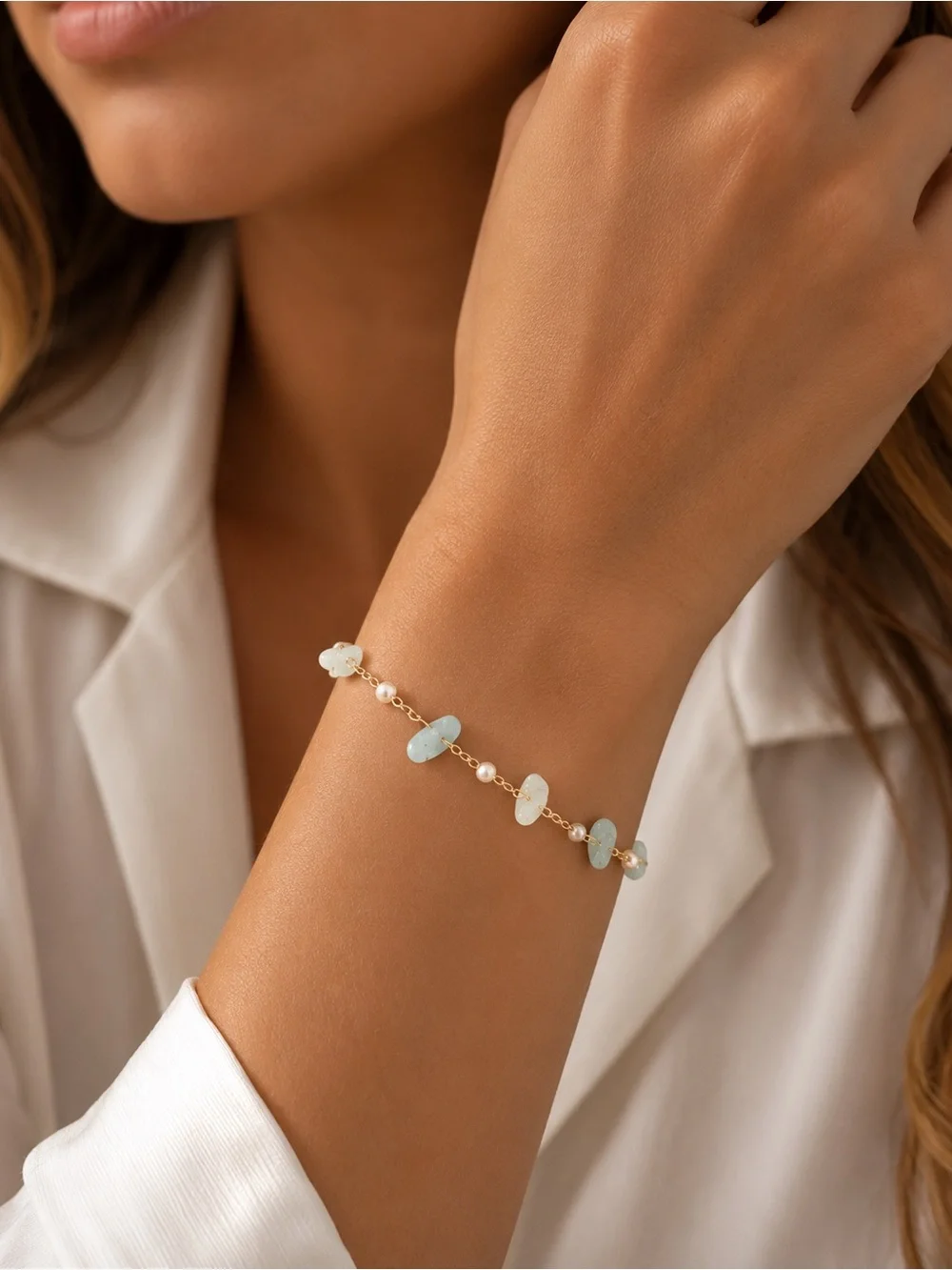 Gold Chain Bracelet with Aquamarine Chips and Pearl Accents